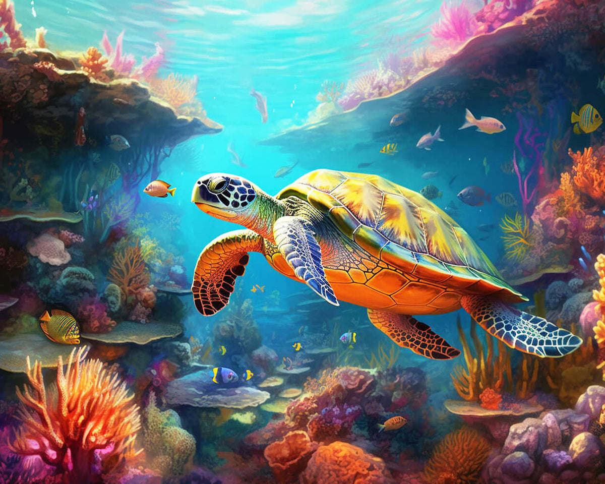 Colourful sea turtle in a vibrant coral reef cross stitch kit for beginners