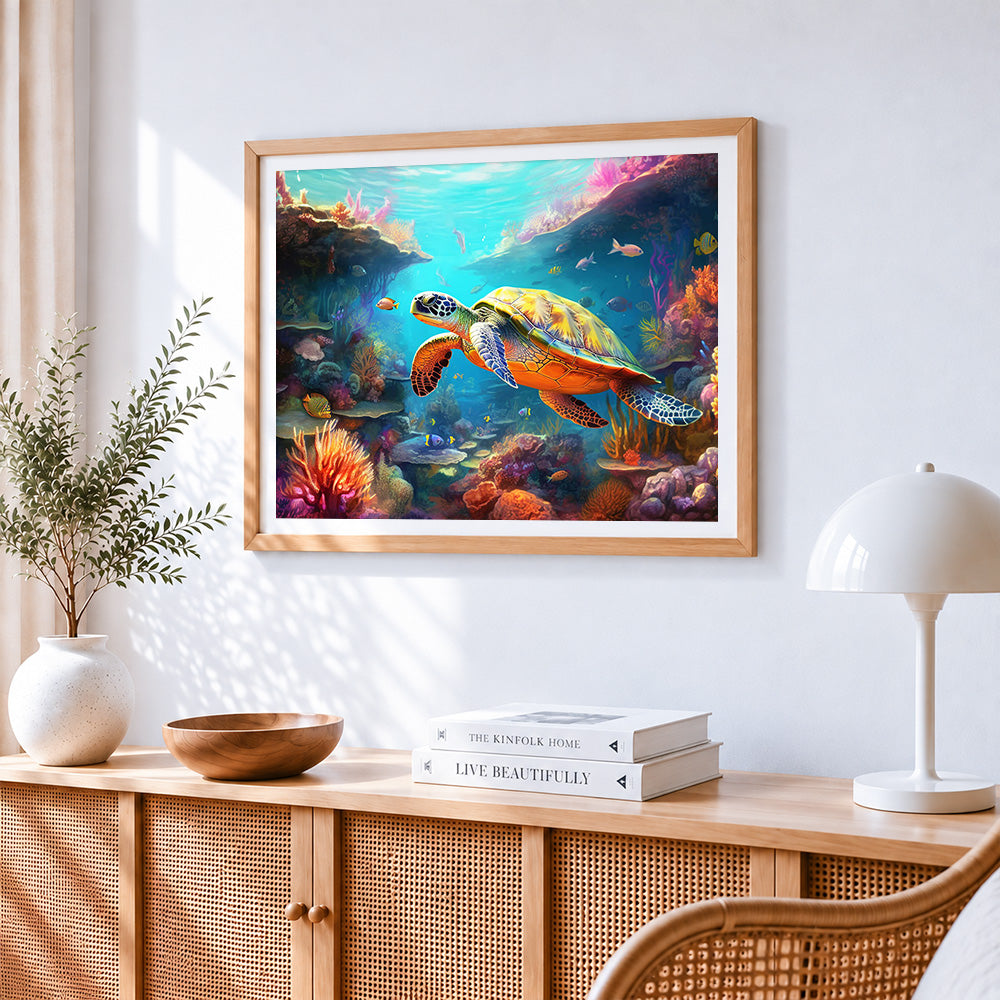 Colourful sea turtle in a vibrant coral reef cross stitch artwork displayed on wall as home decor
