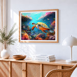 Colourful sea turtle in a vibrant coral reef cross stitch artwork displayed on wall as home decor