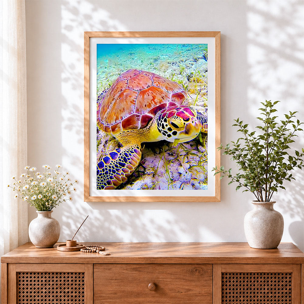 Finished colourful sea turtle underwater cross stitch artwork displayed
