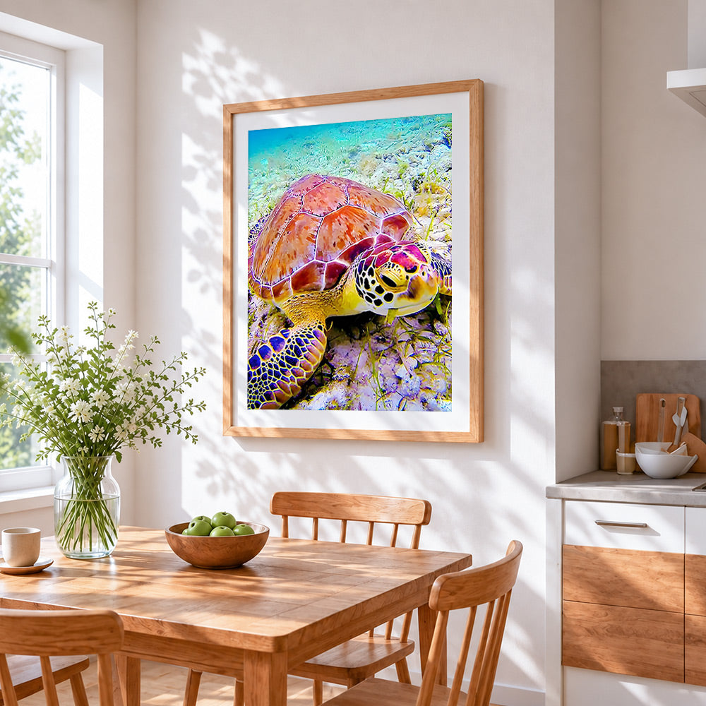 Colourful sea turtle underwater cross stitch artwork displayed on wall as home decor