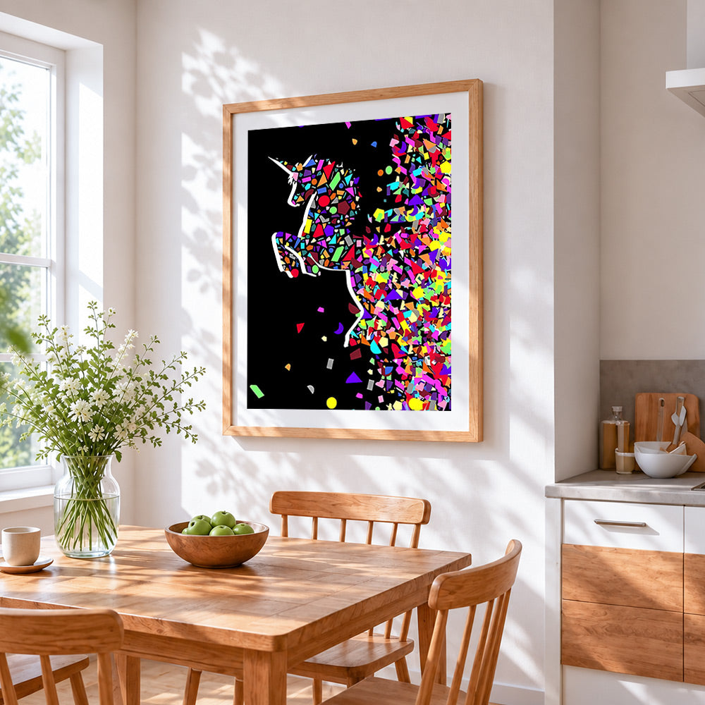 Colourful shattered unicorn paint by numbers artwork displayed on wall as home decor