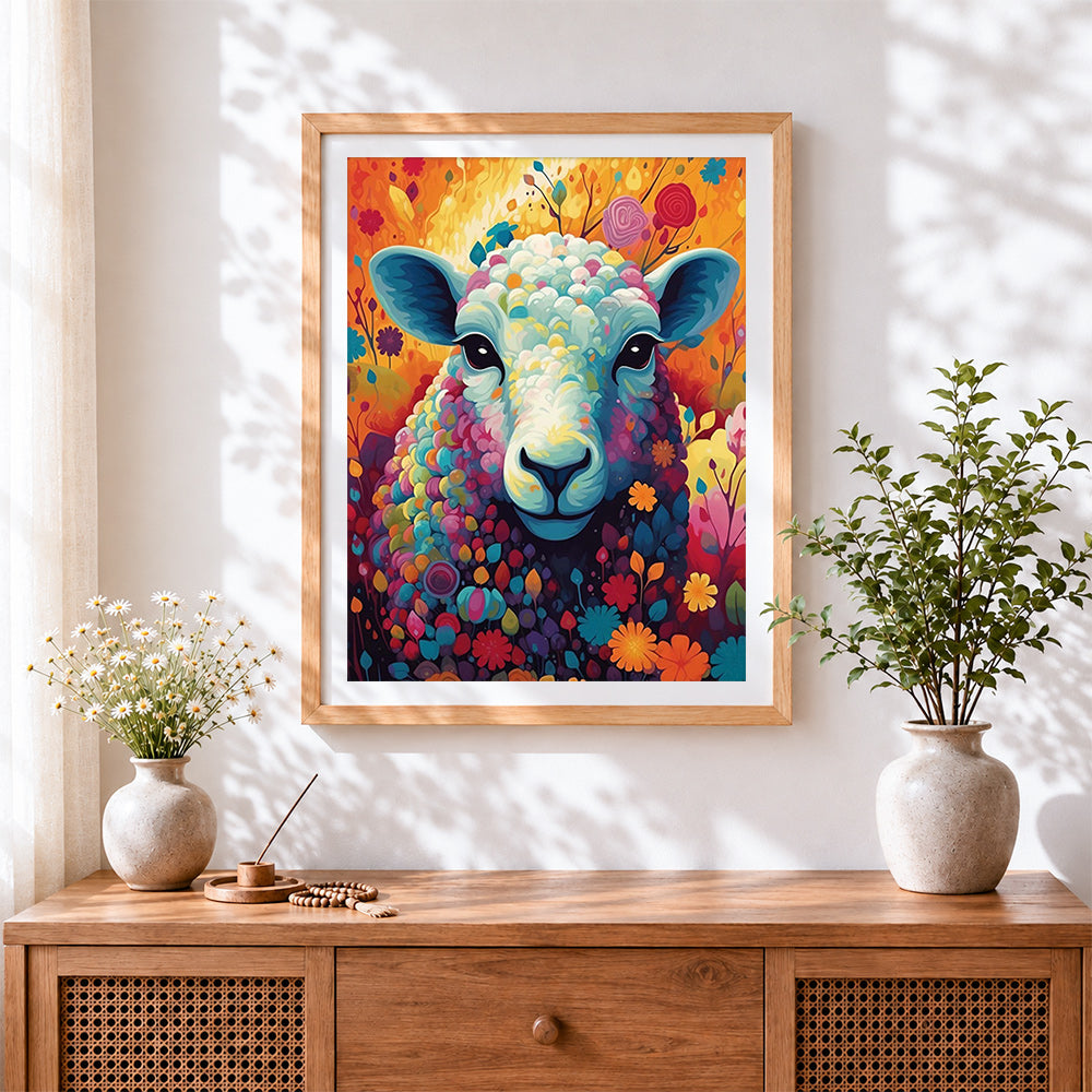 Finished colourful sheep in a floral meadow cross stitch artwork displayed