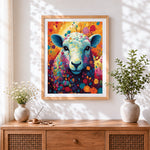 Finished colourful sheep in a floral meadow cross stitch artwork displayed