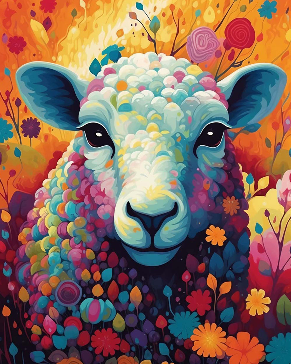 Colourful sheep in a floral meadow cross stitch kit for beginners
