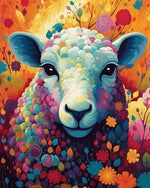 Colourful sheep in a floral meadow cross stitch kit for beginners