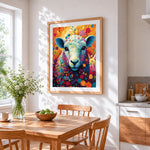 Colourful sheep in a floral meadow cross stitch artwork displayed on wall as home decor
