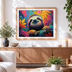 Finished colourful sloth in the jungle cross stitch artwork displayed