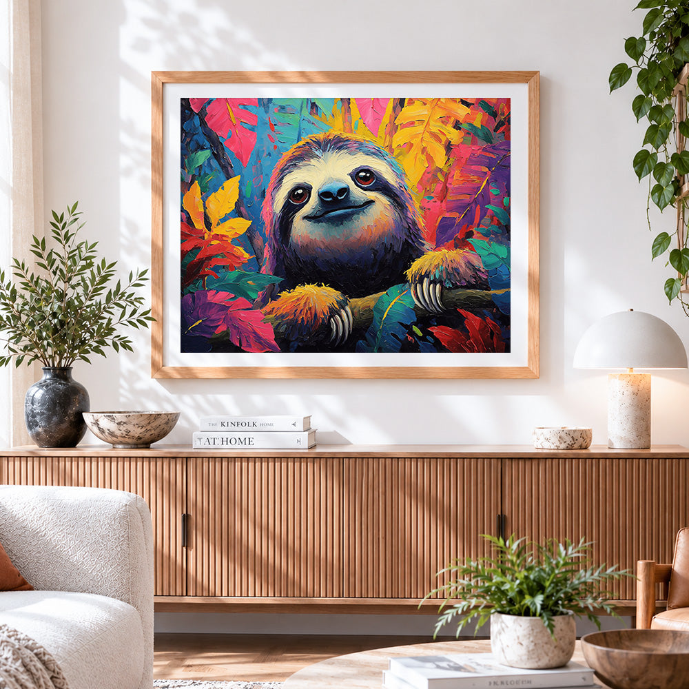 Finished colourful sloth in the jungle cross stitch artwork displayed