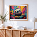 Colourful sloth in the jungle cross stitch artwork displayed on wall as home decor