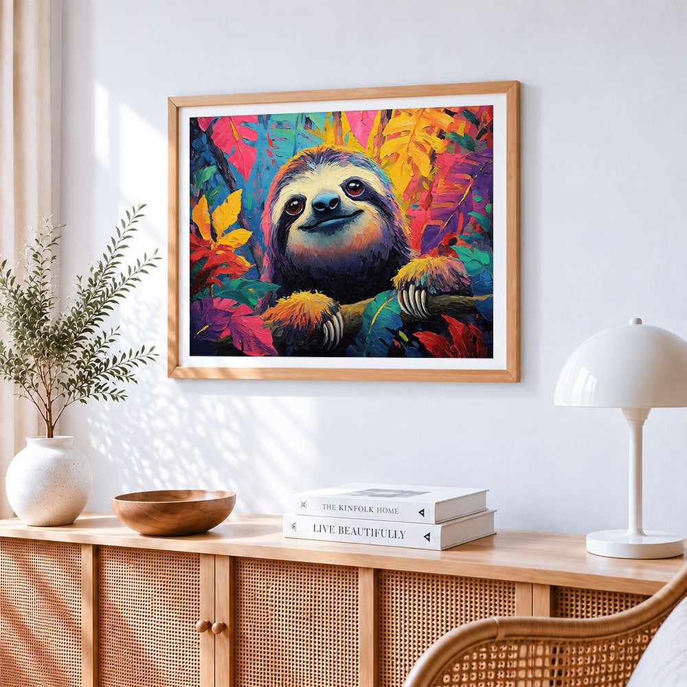 Colourful sloth in the jungle paint by numbers artwork displayed on wall as home decor