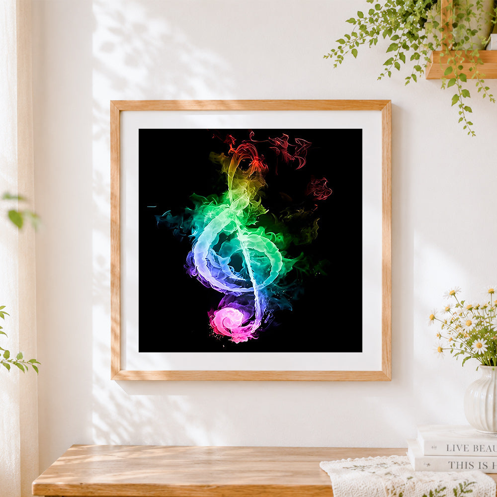 Finished colourful smoke treble clef cross stitch artwork displayed
