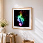 Colourful smoke treble clef cross stitch artwork displayed on wall as home decor