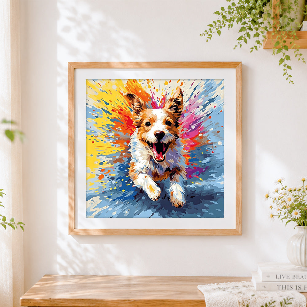 Finished colourful splash dog running cross stitch artwork displayed