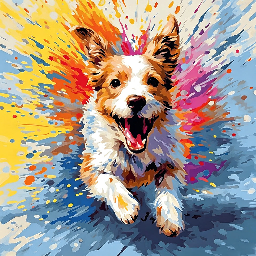 Colourful splash dog running cross stitch kit for beginners