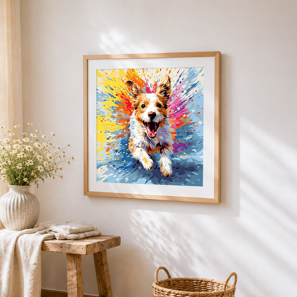 Colourful splash dog running cross stitch artwork displayed on wall as home decor