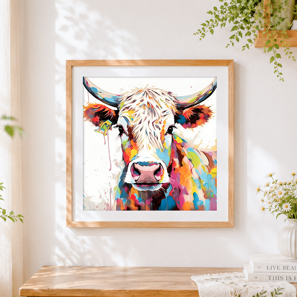 Finished colourful splash highland cow cross stitch artwork displayed