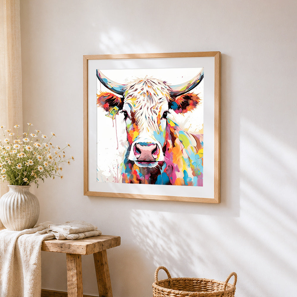Colourful splash highland cow cross stitch artwork displayed on wall as home decor