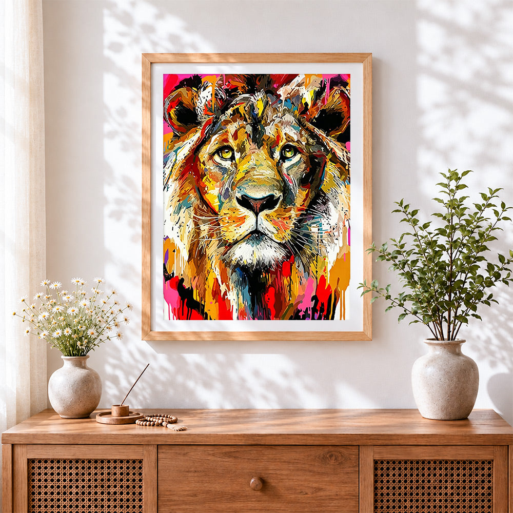 Finished colourful splash lion cross stitch artwork displayed