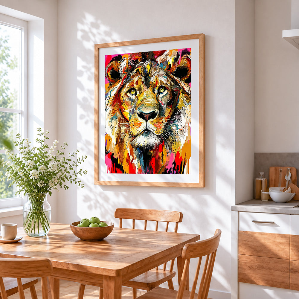 Colourful splash lion cross stitch artwork displayed on wall as home decor