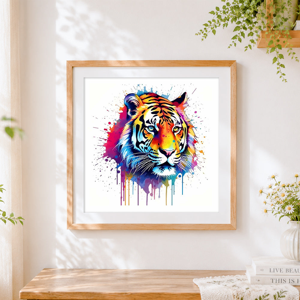Finished colourful splash tiger cross stitch artwork displayed