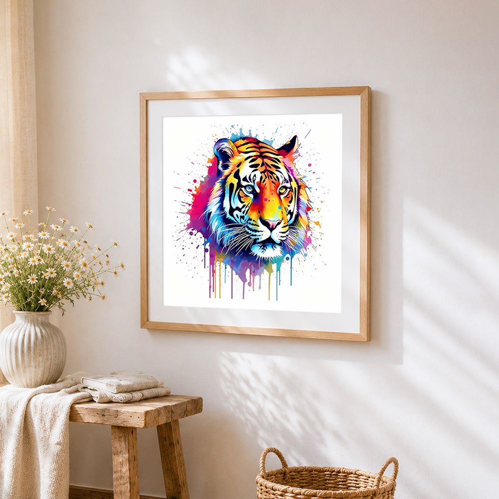 Colourful splash tiger cross stitch artwork displayed on wall as home decor