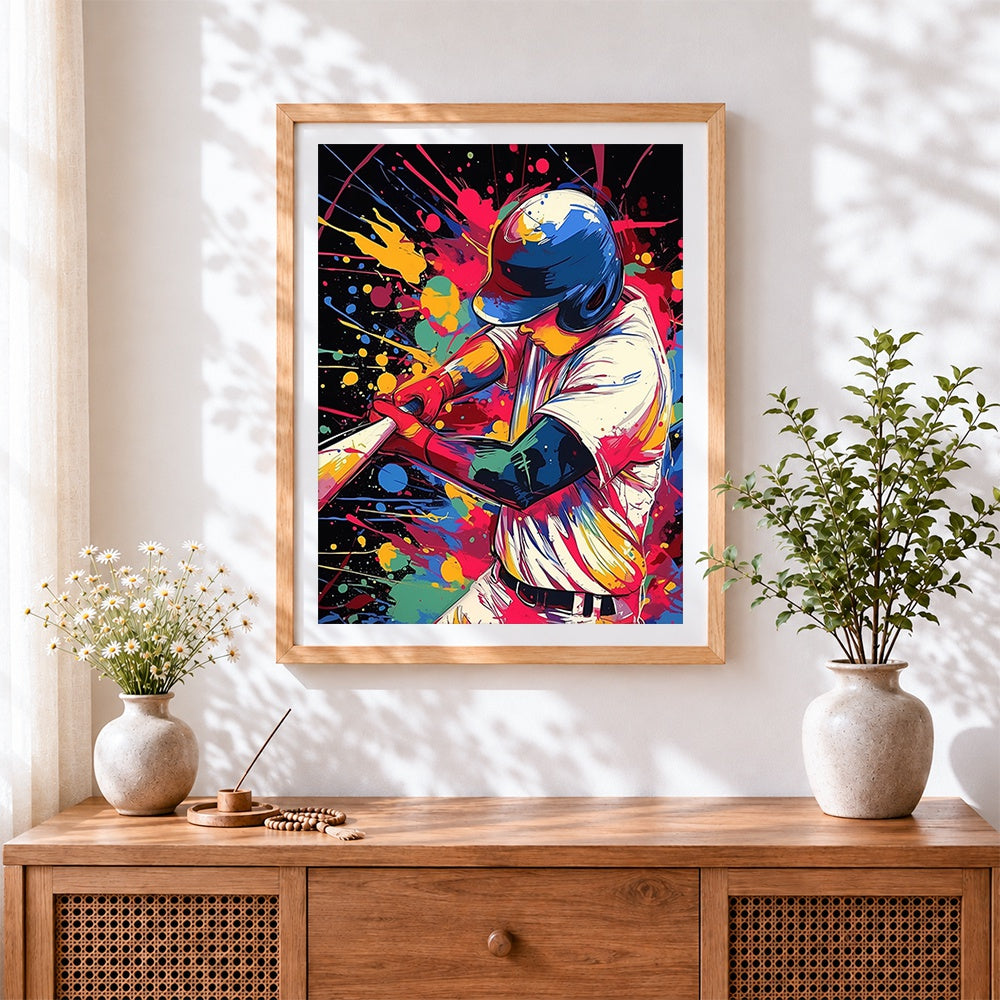 Finished colourful splatter baseball player cross stitch artwork displayed
