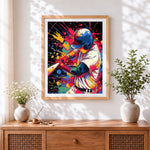 Finished colourful splatter baseball player cross stitch artwork displayed