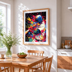 Colourful splatter baseball player cross stitch artwork displayed on wall as home decor