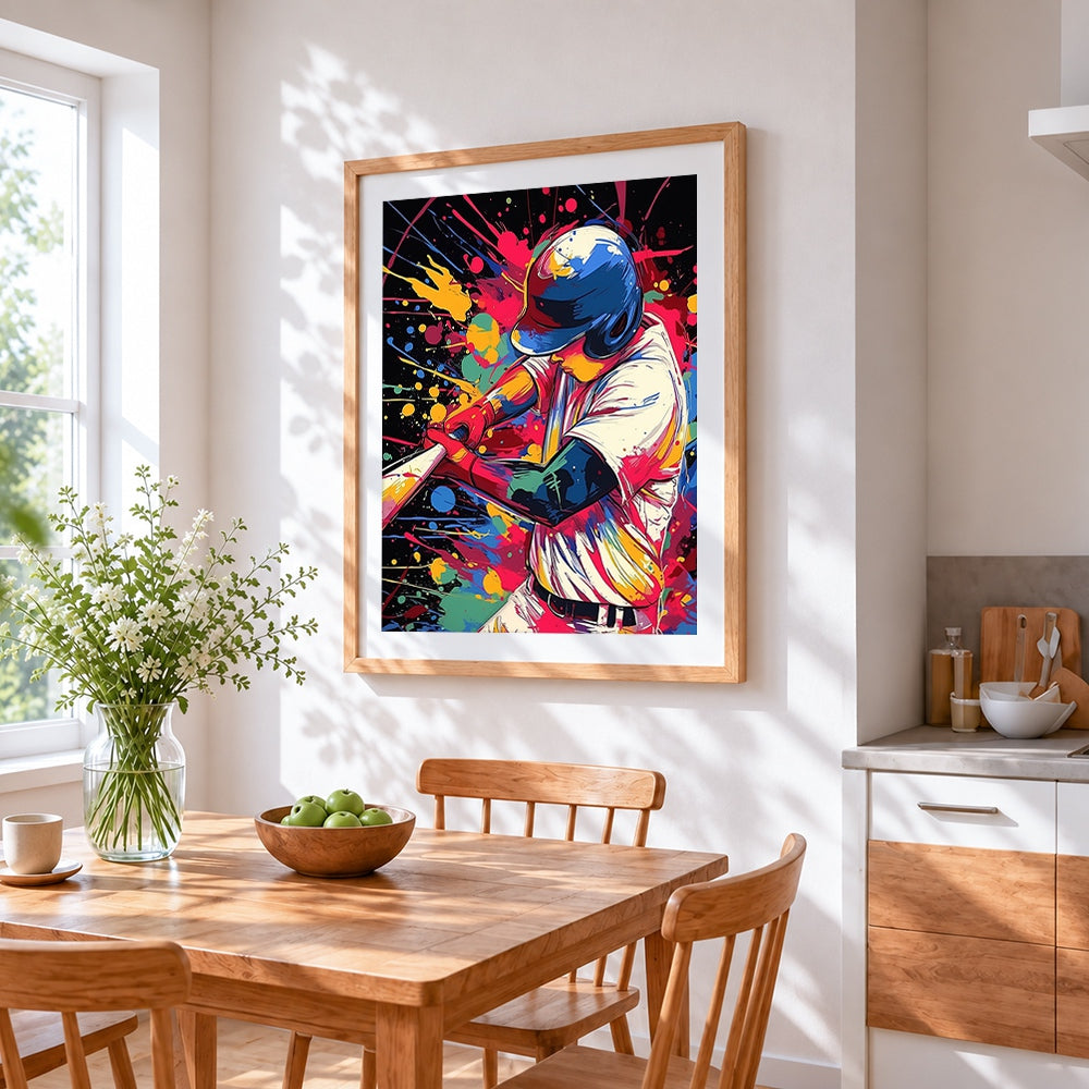 Colourful splatter baseball player cross stitch artwork displayed on wall as home decor