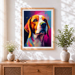 Finished colourful splatter beagle cross stitch artwork displayed