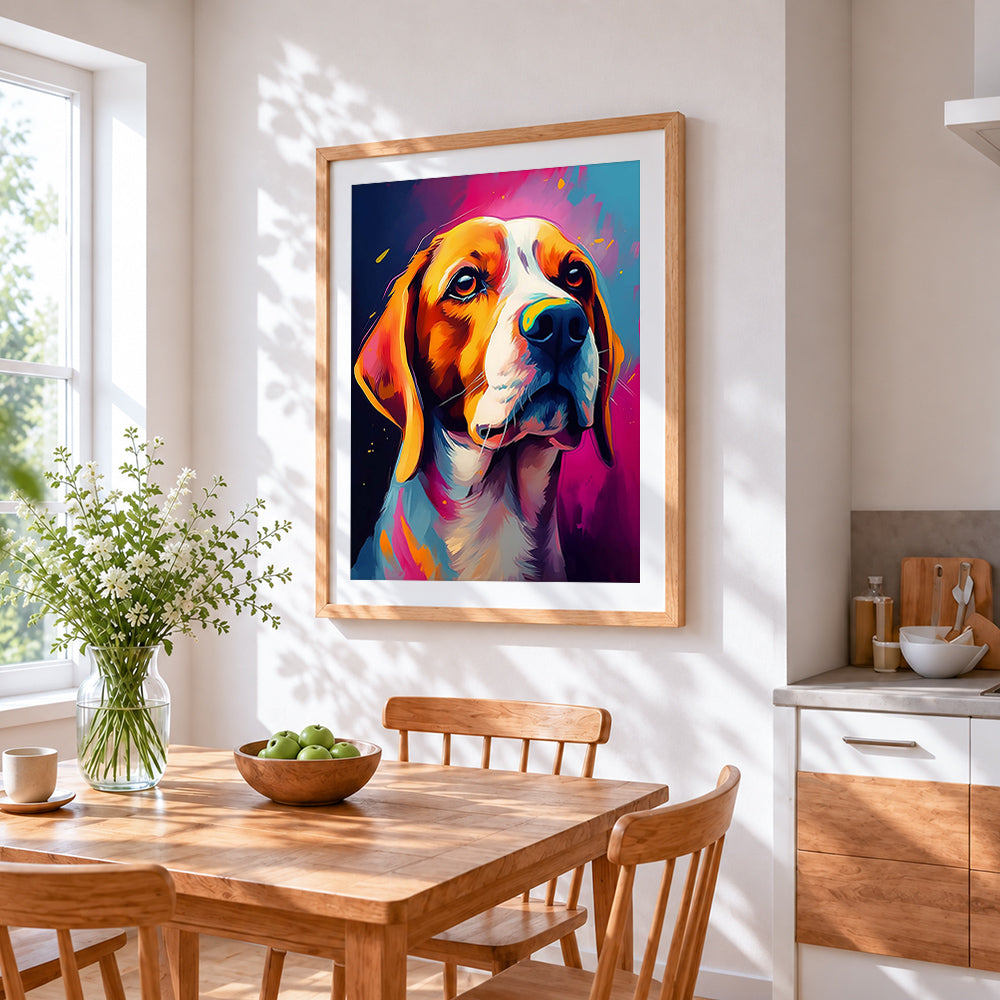 Colourful splatter beagle cross stitch artwork displayed on wall as home decor