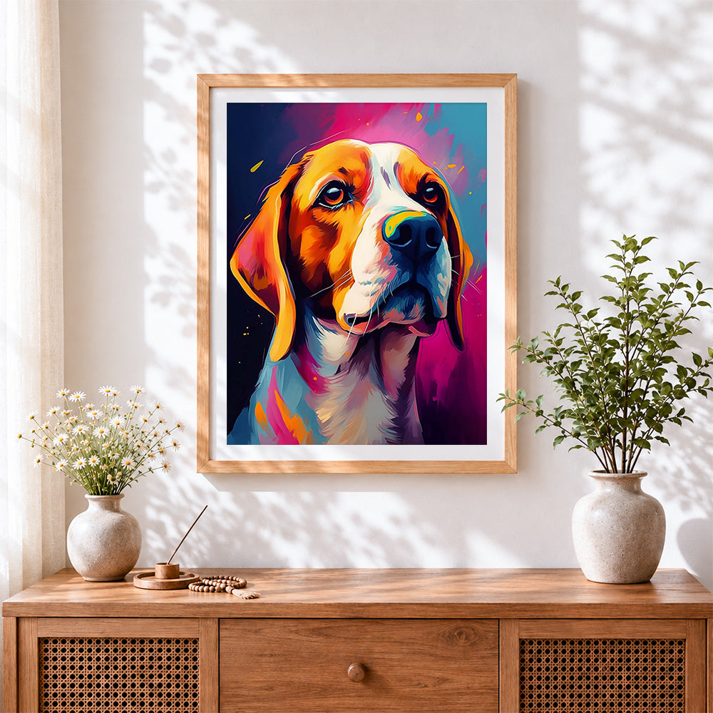 Finished colourful splatter beagle paint by numbers artwork displayed as home decor