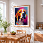 Colourful splatter beagle paint by numbers artwork displayed on wall as home decor