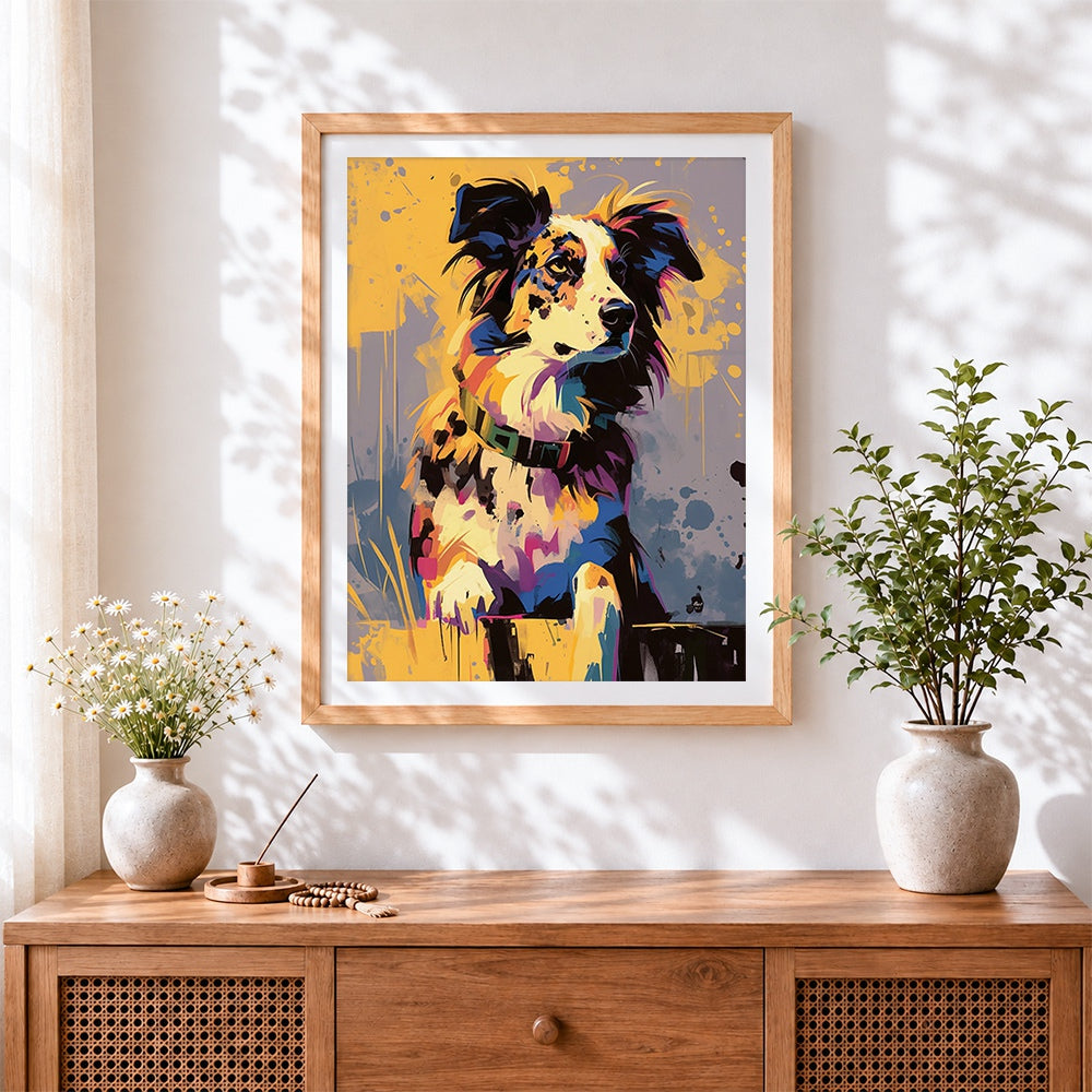 Finished colourful splatter border collie cross stitch artwork displayed