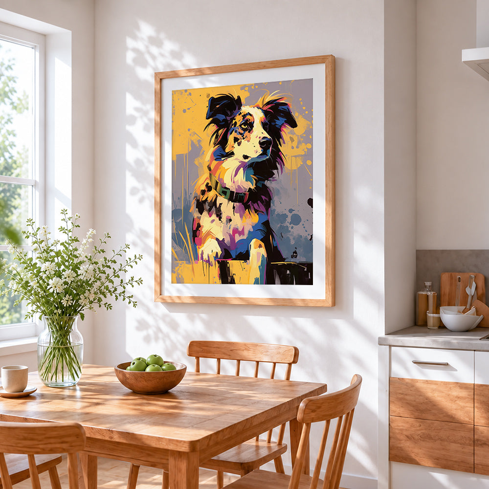 Colourful splatter border collie cross stitch artwork displayed on wall as home decor