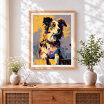 Finished colourful splatter border collie paint by numbers artwork displayed as home decor
