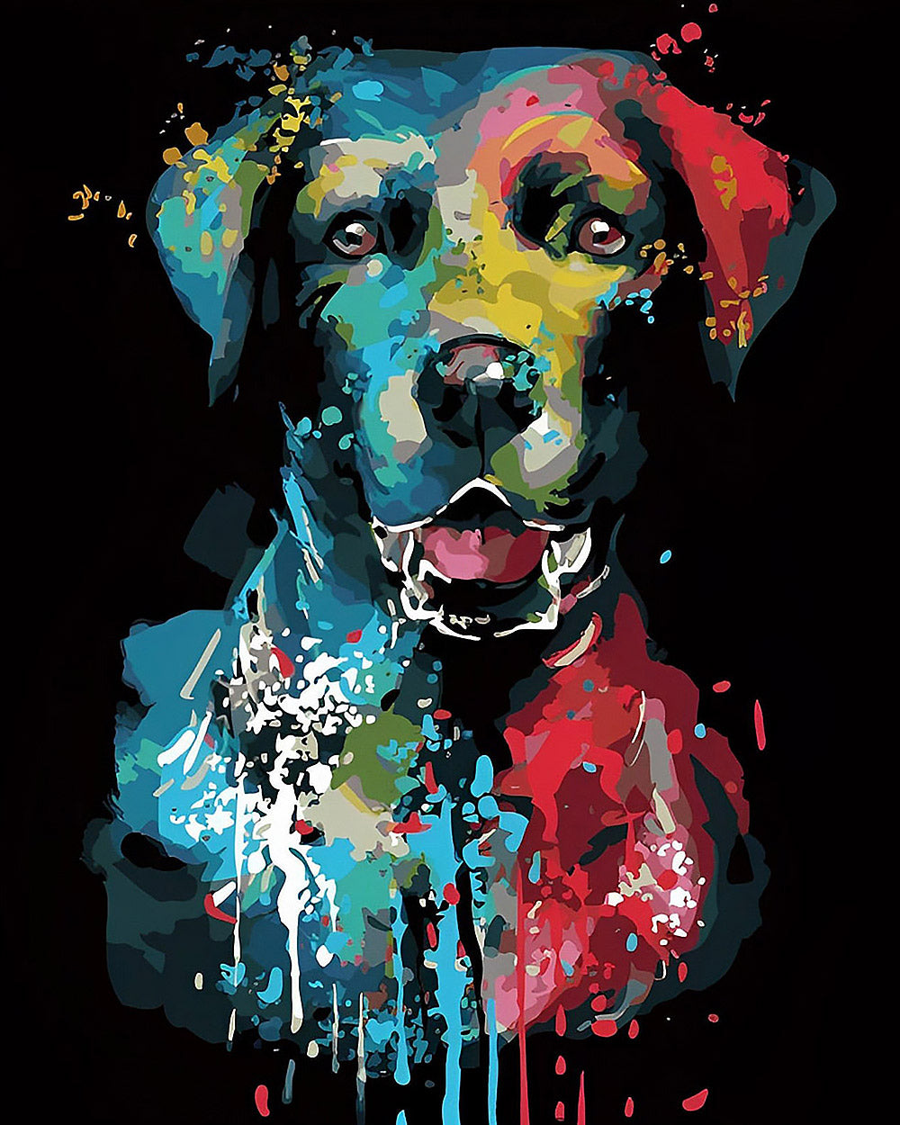 Colourful splatter dog in the dark cross stitch kit for beginners