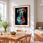 Colourful splatter dog in the dark cross stitch artwork displayed on wall as home decor