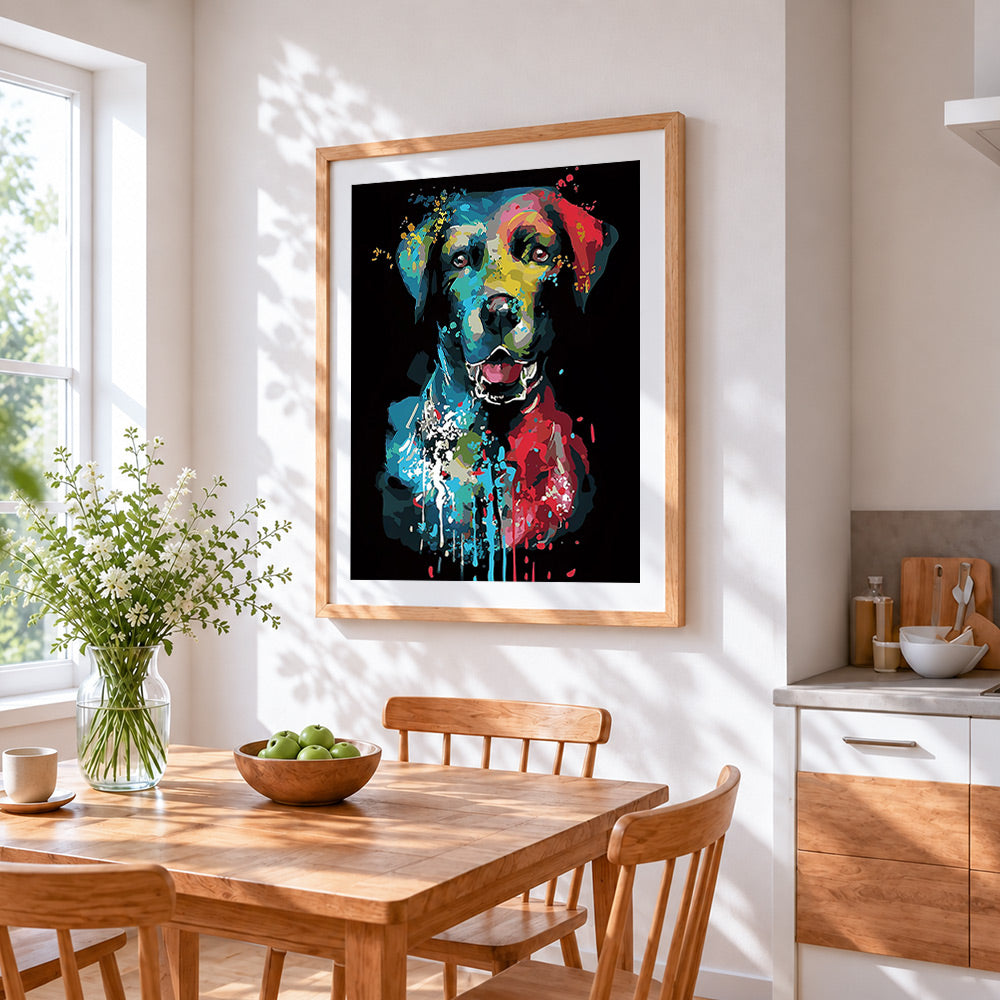 Colourful splatter dog in the dark cross stitch artwork displayed on wall as home decor