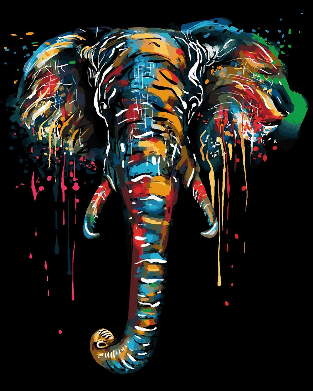 Colourful splatter elephant on black background cross stitch kit for beginners