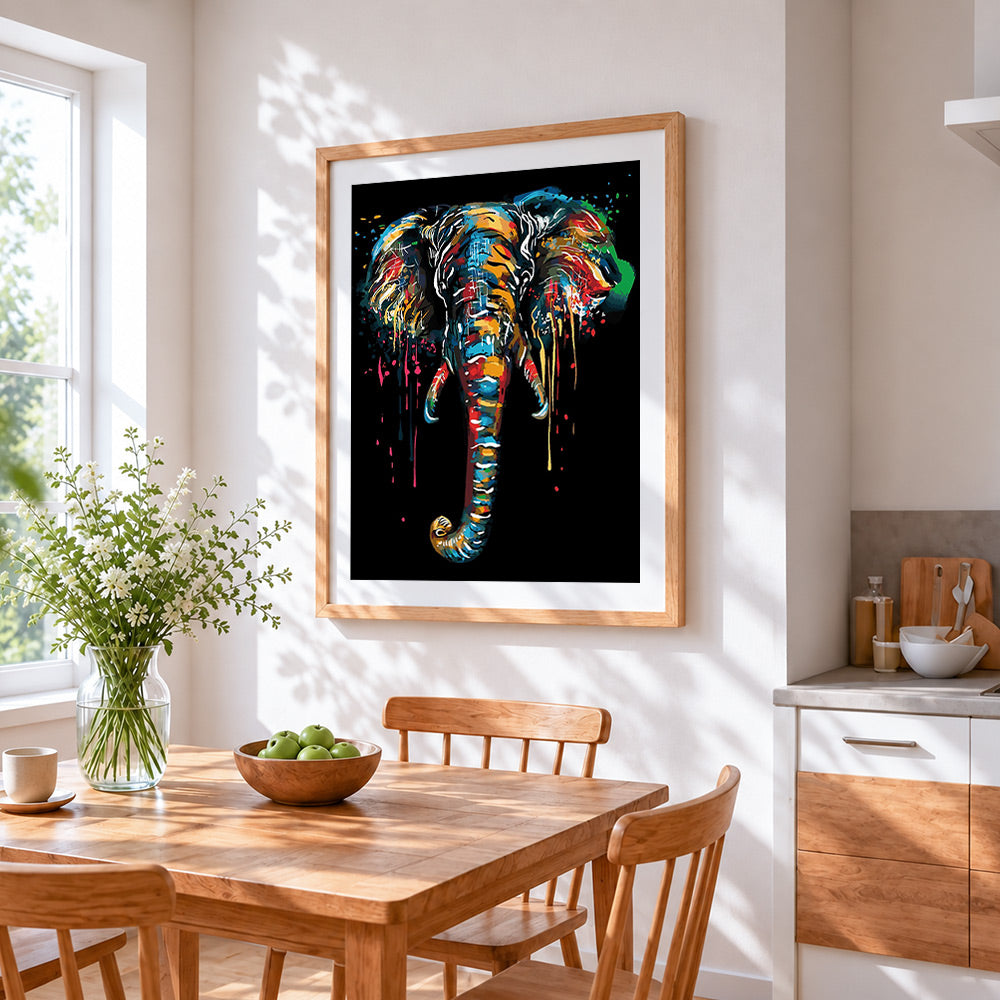 Colourful splatter elephant on black background cross stitch artwork displayed on wall as home decor