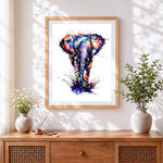 Finished colourful splatter elephant on white background cross stitch artwork displayed