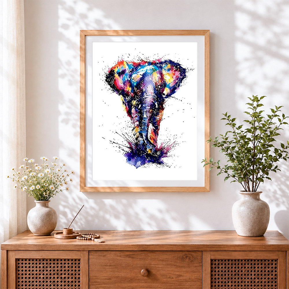 Finished colourful splatter elephant on white background cross stitch artwork displayed