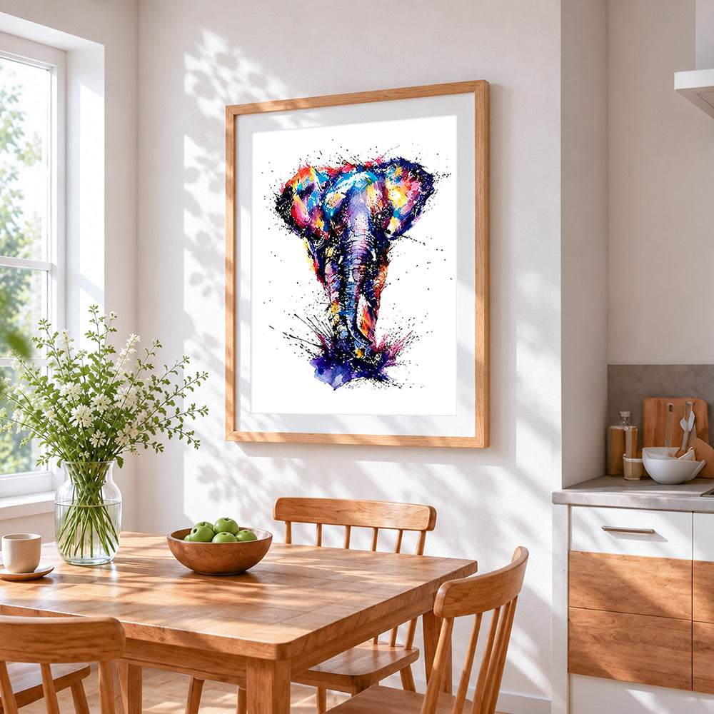 Colourful splatter elephant on white background cross stitch artwork displayed on wall as home decor