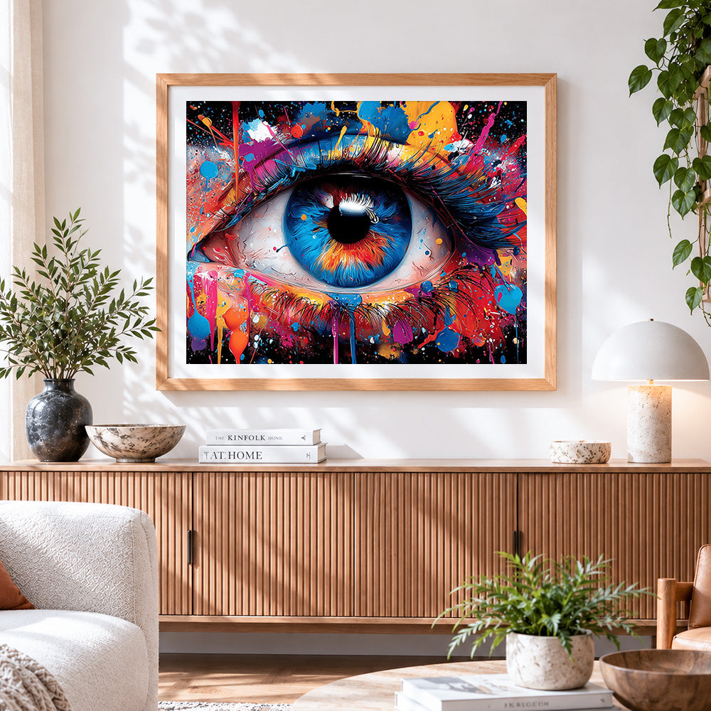 Finished colourful splatter eye on dark print paint by numbers artwork displayed as home decor