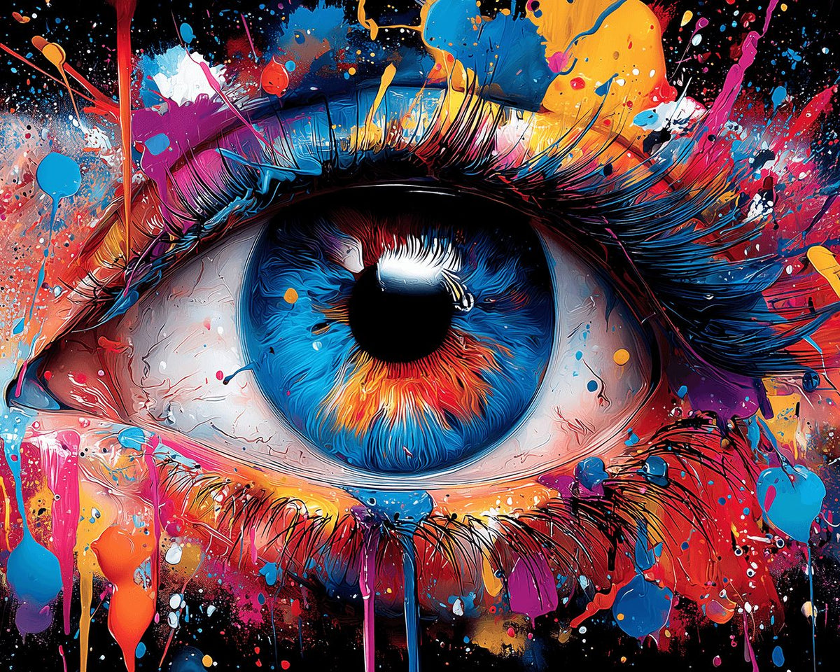 Colourful splatter eye on dark print paint by numbers kit for beginners
