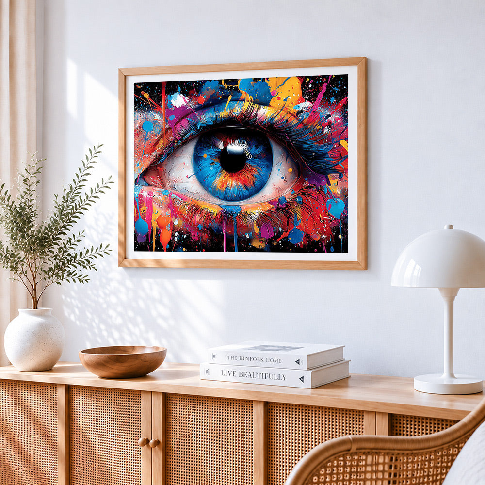 Colourful splatter eye on dark print paint by numbers artwork displayed on wall as home decor