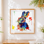 Finished colourful splatter hare paint by numbers artwork displayed as home decor