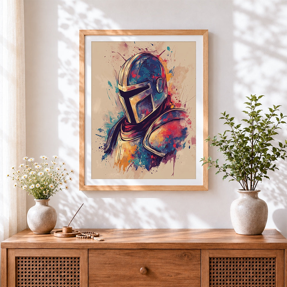 Finished colourful splatter knight's helmet cross stitch artwork displayed